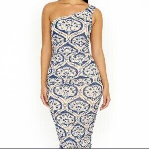 House of Harlow One Shoulder Ruched Dress, Blue, Cream Size XS